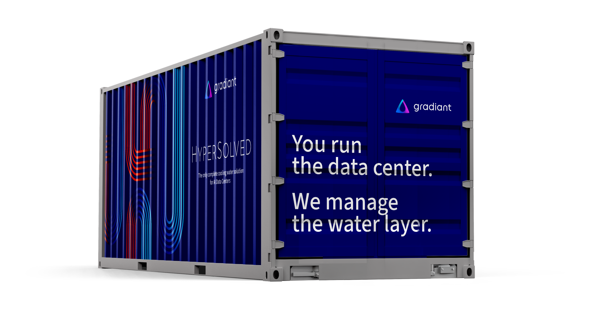 Gradiant HyperSolved containerized cooling water system for AI data centers, featuring blue branding, system graphics, and messaging: “You run the data center. We manage the water layer,” highlighting integrated infrastructure solution.