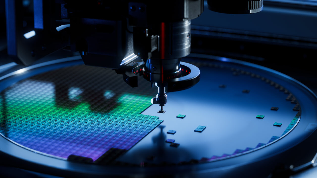 Automated wafer dicing machine cutting a semiconductor wafer into individual microchips in a cleanroom fabrication facility