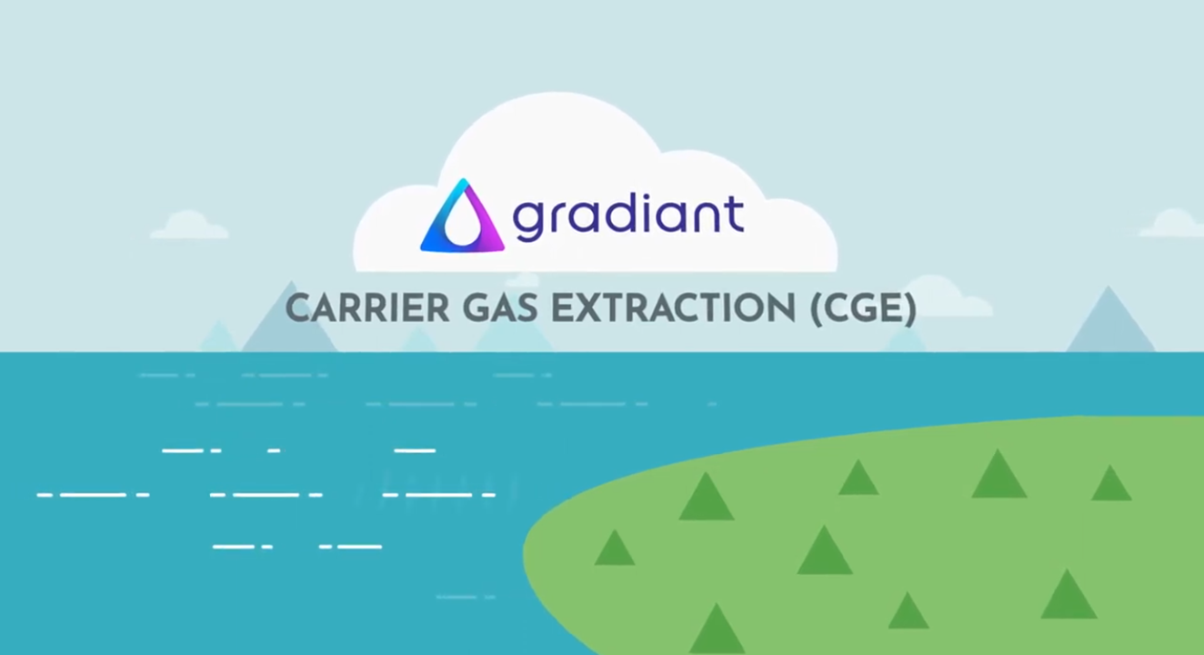 Illustration of Gradiant’s Carrier Gas Extraction (CGE) technology with the Gradiant logo over water and landscape graphics.