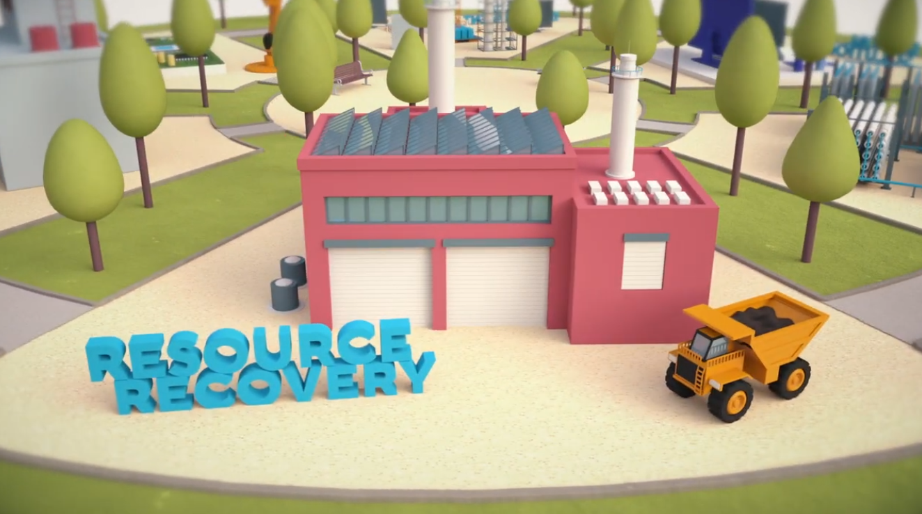 3D illustration of a Gradiant resource recovery facility with solar panels and a mining truck.
